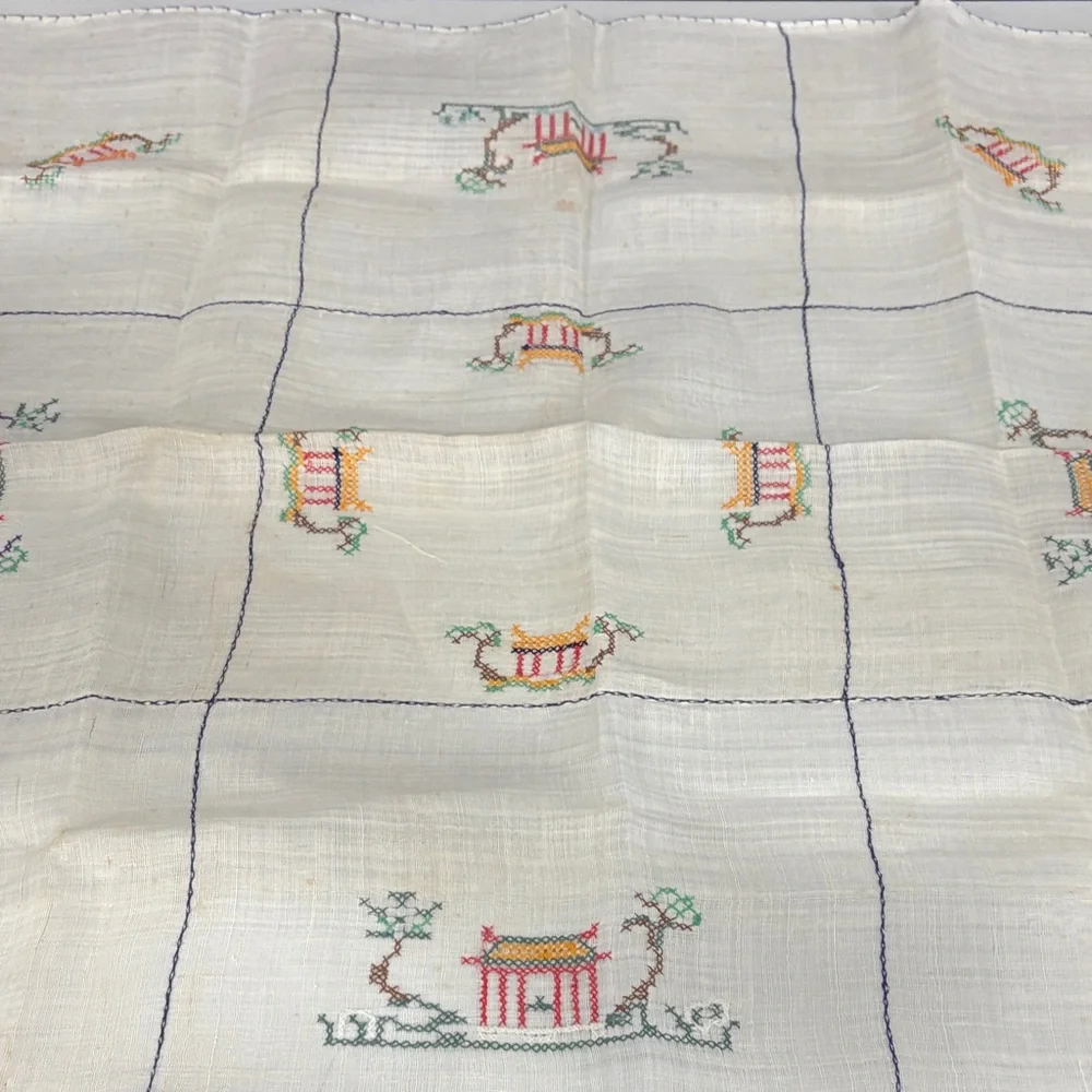Cross Stitched White Japanese Themed tablecloth